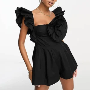 Custom Ladies Jumpsuit Sexy Poplin Sweetheart Neck and Ruffle Sleeves Rose Corsage Black Mini Casual Women’s Romper