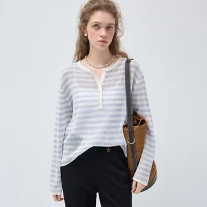 Custom Light Blue And White Striped Knit Top With Henley Neck Button Design For Clothing Brand