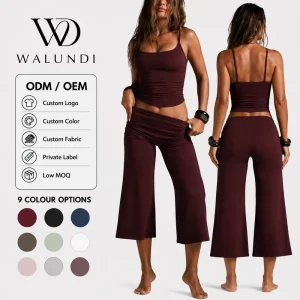 Custom Logo 2 Piece Wide Leg Capri Yoga Set Women Spaghetti Strap Slimming Butt Lift Workout Outfits Gym Fitness Sports Wear
