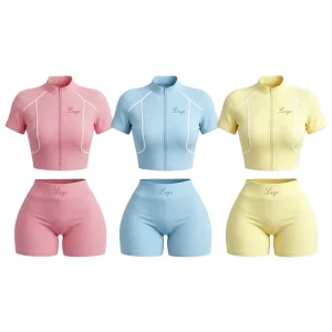 Custom Logo 2 Piece Women’s Activewear Zipper Cropped Sports Jacket and High Waist Shorts Fitness 2 Piece Set