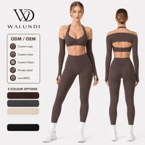Custom Logo 3 Piece Yoga Set Women Halter Sports Bra Long Sleeve Shrug Bolero With Thumb Holes High Waist Leggings Gym Wear