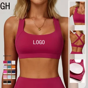 Custom Logo Activewear Women’s Nylon Spandex Strappy Sports Bra Padded Cross Back Yoga Bras