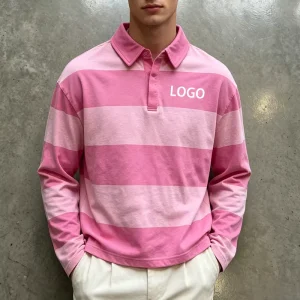Custom Logo Cotton Men’s Color Block Cropped Striped Knit Polo Rugby Shirt Cropped Long Sleeve Loose Fit Casual T-Shirt