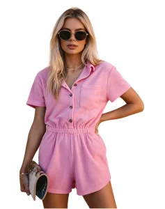 Custom Logo Cotton Terry Romper Button Down Short Jumpsuit Women Side Split Beach Vacation Outfit