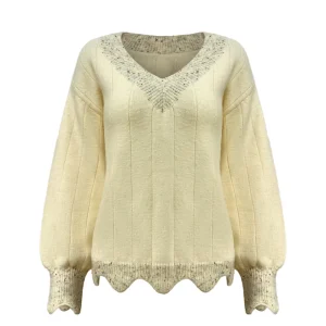 Custom Logo Cotton Warm V-Neck Pullover Long Sleeve Solid Knitted Casual Sweater for Women for Winter