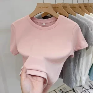 Custom Logo Design Women’s Summer Cotton Short Sleeve T-Shirt Pink Top Half Sleeve Design Crop Tops T-shirts