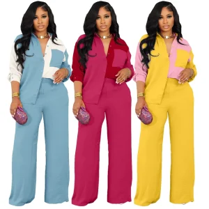 Custom Logo Fall Winter Color Block Shirt with Pockets Coordinated Lounge Outfit Casual Comfort Wear Women’s Two Piece Set