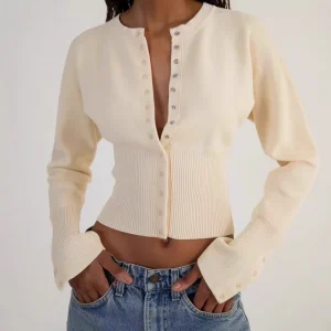 Custom Logo Fashion Female Knitted Women’s Sweater Long Sleeve Top Ribbed Knit