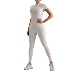 Custom Logo Four Way Stretch Spandex Nylon Activewear Quick Dry Breathable Women’s Sports Fitness Bodysuit Short Sleeve Naked