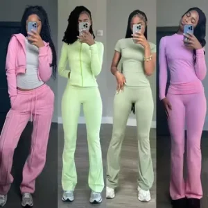 Custom Logo Hooded Cotton Soft 2 Piece Set Women’s Autumn Wide Leggings Flared Pants Short Top T Shirt Tall Friendly