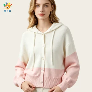Custom Logo Ladies Casual Multicolor Hooded Sweater Anti-Pilling Breathable V-neck Single Breasted Long Sleeve Oversized Loose