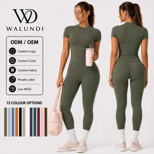 Custom Logo Mock Neck Yoga Set 2 Piece Women No Front Seam Leggings Short Sleeve Top Tummy Control Workout Naked Feel Gym Outfit