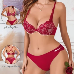 Custom Logo OEM Lingerie Women’s Red Lace Bra and Panty Set with Underwire Push Up Adjustable Straps for Festive Sexy Look