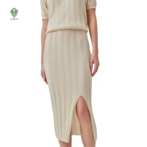 Custom Logo OEM & ODM Summer Soft Midi Side Slit Fitted Thin Lightweight Cable Nylon Linen Knit Women’s Sweater Skirt