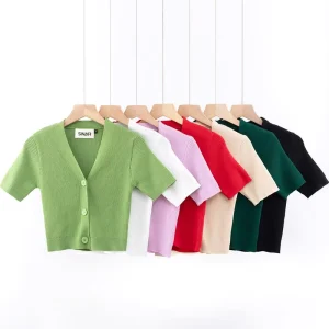 Custom Logo OEM ODM Women’s Sweaters Short Sleeve Knitwear Ladies Summer Design Knitted Jumper Cardigan Sweater for Women