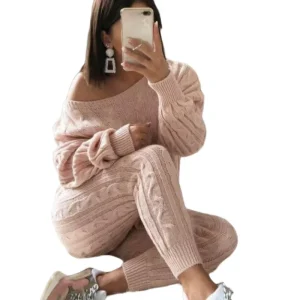 Custom Logo Oem Fashion Winter Woolen Sweater Suit Women’s Two Piece Knitted Sets Solid Color Women 2 Piece Knit Sweater Sets