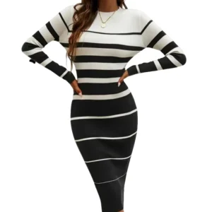 Custom Logo Oem Odm Women Winter Knit Dresses Stripe Temperament Slim Fit Contrasting Long Sleeve Knitted Women’s Sweater Dress