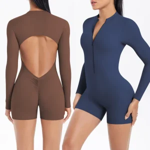 Custom Logo One Piece Sexy Ladies GYM Fitness Backless Zipper Yoga Women Jumpsuit Playsuits for Girl Bodysuit Sport Jumpsuit