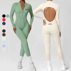 Custom Logo Plus Size Sweat-Wicking Compression Sports Bodysuit Breathable Workout Yoga Jumpsuit Half-Zip Backless One-Piece