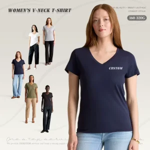 Custom Logo Premium Cotton V Neck T Shirt for Women High Quality Short Sleeve Casual Print V Neck T Shirt Blue Color