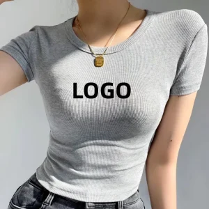 Custom Logo Print Women Workout Cropped Top Tee Shirts Short Sleeve Cotton Ribbed Fabric Gym Sports Yoga Athletic Solid T Shirts