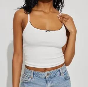 Custom Logo Printed Women’s High Quality Cotton Knitted Bow Trim Cami Tops