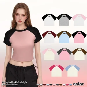 Custom Logo Raglan Sleeve Women’s Cropped T Shirts Contrast Short Sleeve Crop Tops Tees