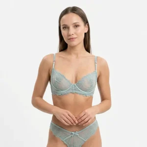Custom Logo Sexy Lace Lingerie Set Sheer Mesh Underwire Bra Cutout G String Panty Low Rise 2 Piece Floral Embroidered