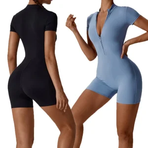 Custom Logo Short Sleeve Rompers Women Jumpsuit With Zip Slim Elastic Yoga Dance Sport Pilates Jumpsuits for Ladies