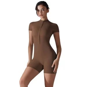 Custom Logo Sports Workout Spandex Rompers Short Sleeve Zip Up Bodysuit Gym Fitness Yoga Jumpsuits for Women