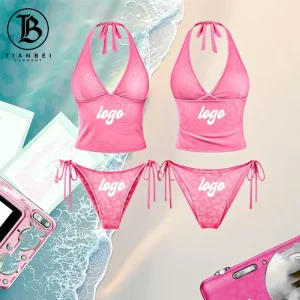 Custom Logo Summer Custom Set Bikini Two Piece Logo Full Body Print Lace Up Bra Tie Side Panties Women Swimsuit Bikini Set