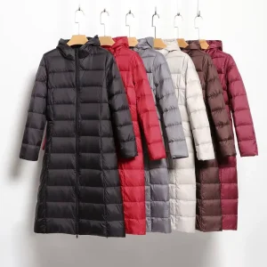 Custom Logo Winter Lightweight Women’s Long Hooded Down Jacket Slim Fit Windproof Quilted Puffer Coat