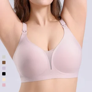 Custom Logo Wireless Open Front Soft Maternity Bonded Nursing Bra Fancy Mesh V-neck Leakproof Breastfeeding Seamless Lingerie