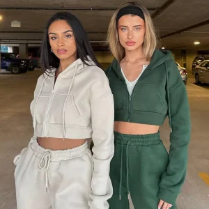 Custom Logo Women High Quality Cotton Crop Top Zip up Hoodie Sweatpants and Hoodie Set