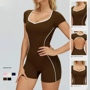 Custom Logo Women Open Back Gym Bodysuit Short Sleeve Color Blocking Skinny Fitness Jumpsuit with Contrast Piping
