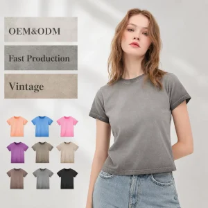 Custom Logo Women’s Acid Wash Crop Tops Summer Casual Short Sleeve T-shirts Bulk From Factory Manufacturer