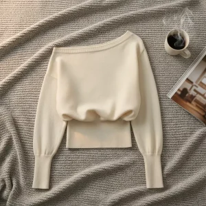 Custom Logo Women’s Asymmetrical Off Shoulder Knit Sweater Long Sleeve Ruched Waist Crop Top Casual Knitwear for Daily Wear