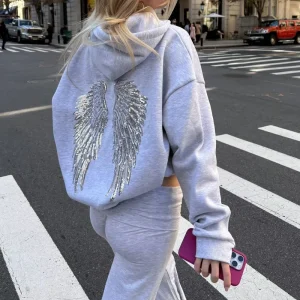 Custom Logo Women’s Casual Wing Sequined Casual Hoodie Sweatshirt Long Pants Fashion Solid Color Set