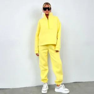 Custom Logo Women’s Comfortable Solid Colour Two-Piece Set Zip-Up Hooded Sweatshirt with Outdoor Sports Trousers
