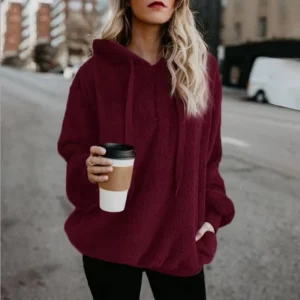 Custom Logo Women’s Elegant Loose Long Sleeved High Neck Autumn Winter Solid Color Plush Hooded Sweater Casual Lined Windproof