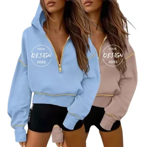 Custom Logo Women’s Fashion Casual Hooded Sweatshirt Long Sleeve Half Zipper Short Pullover Jacket for Autumn Winter