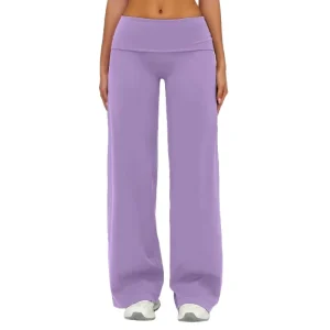 Custom Logo Women’s Fleece Wide Leg Sports Pants Women Fold Over Waist Flare Leg No Front Seam Boot Cut Yoga Pants Leggings