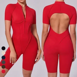 Custom Logo Women’s Front Zip Bodysuit Short Sleeve Workout Romper Backless Sports Bodycon One Piece Cutout Yoga Shorts Jumpsuit