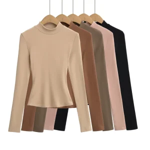 Custom Logo Women’s Lightweight High Neck Long Sleeve Yoga T-Shirt Solid Color Fleece Lined Slim-Fit Breathable Loungewear Shirt