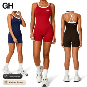 Custom Logo Women’s One Piece Workout Romper Sleeveless Backless Yoga Bodysuit Short Sport Jumpsuit Women