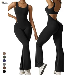 Custom Logo Women’s Quick Drying Fitness Jumpsuit Wide Leg Sleeveless Flared Romper Sexy Halter Top Women One Pieces Yoga