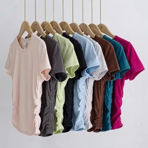 Custom Logo Women’s Ribbed Elastic Slim Fit Summer Short Sleeve T-shirts Tops Quick Dry Yoga Solid T Shirts