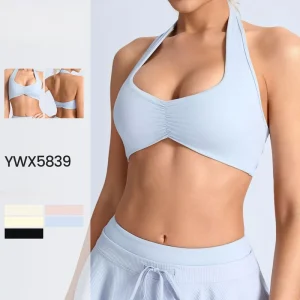 Custom Logo Women’s Ruched Halter Sports Bra Removable Pads Yoga Workout Crop Top Backless Sports Bra