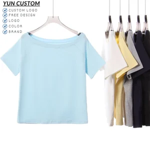 Custom Logo Women’s Solid Color Asymmetrical Off Shoulder T Shirt Loose Fit & Slimming Cropped Style Versatile T Shirt