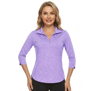 Custom Logo Womens Solid Quick Dry Golf Shirt 3 4 Sleeve Quarter Zip Workout Tops Lady Casual Polo T Shirts